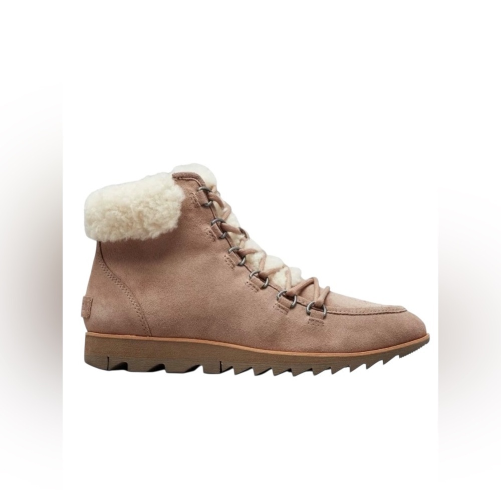 Sorel Sherpa Trim Harlow Lace Up Bootie Taupe Leather  Waterproof Women's Sz 9